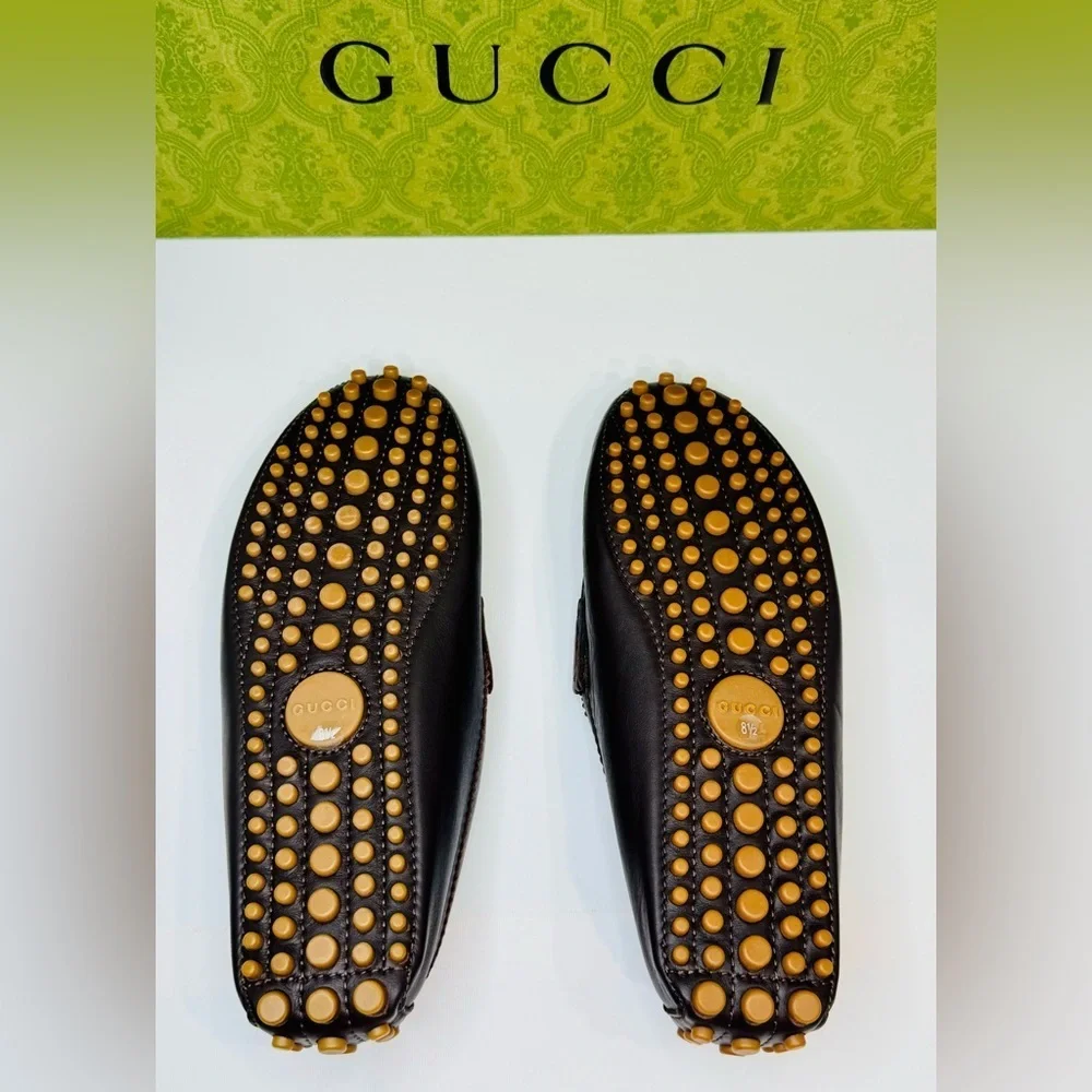 Men’s Gucci Web Accent Leather Drivers Moccasin Dark Brown Size 8.5 New no Box!